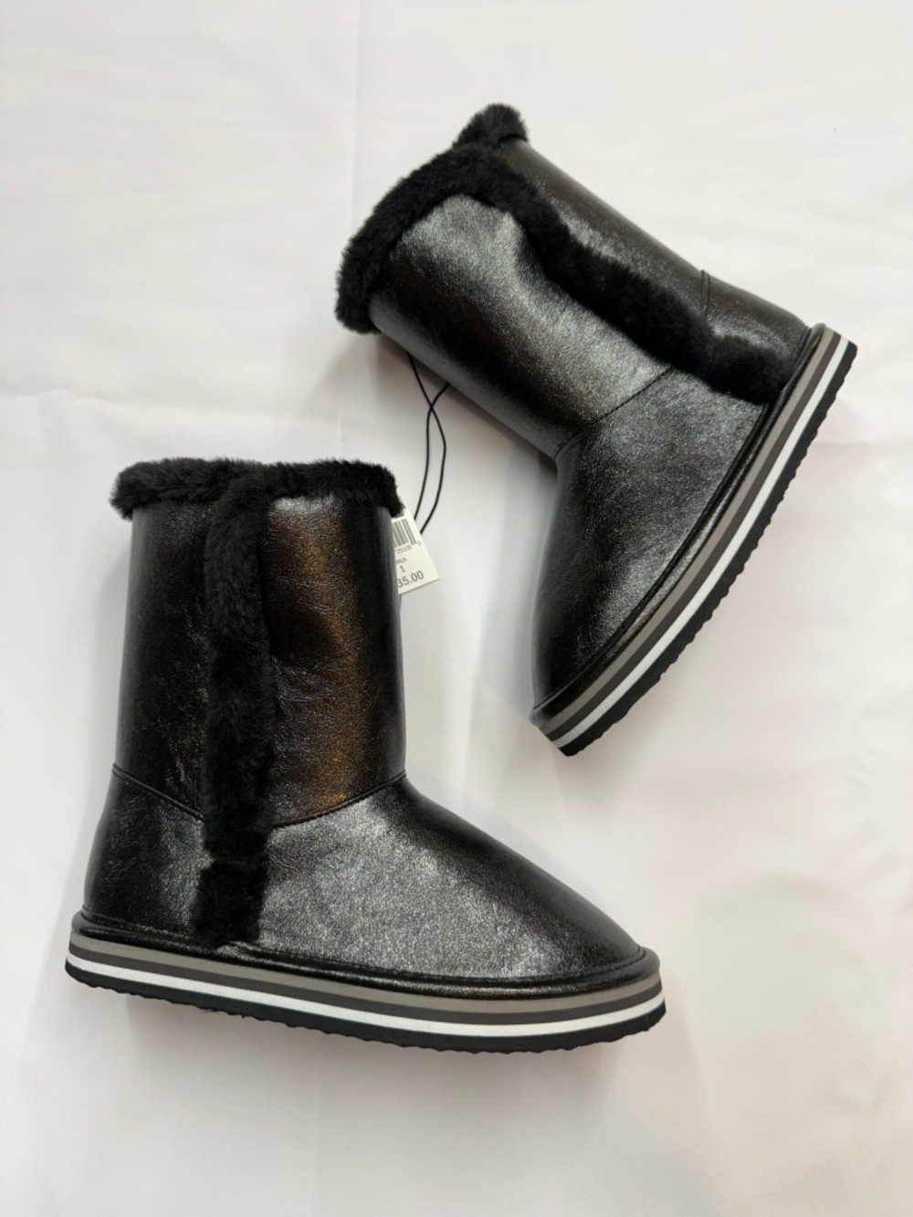 FALLS CREEK New $35 Girls 1 Black Metallic Faux Fur Mid Calf Winter Boots Bin3